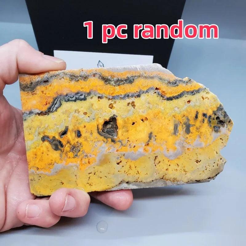 Vibrant Bumblebee Jasper Crystal Slice with yellow, orange, and black volcanic banding for solar plexus energy.