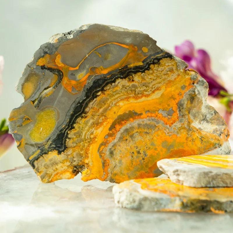 Polished Bumblebee Jasper Crystal Slice with vibrant yellow, orange, and grey volcanic banding.