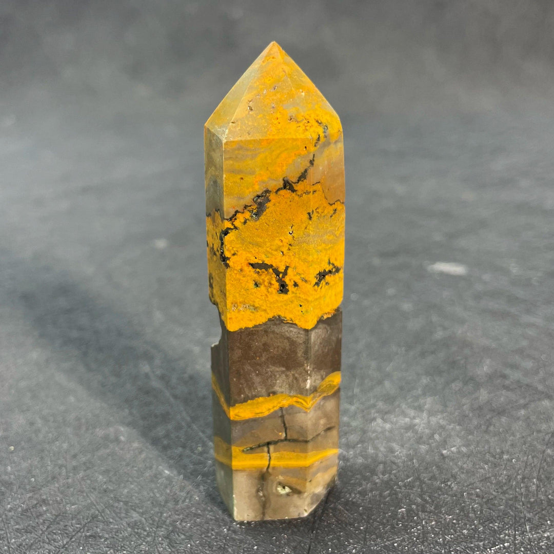 Vibrant yellow and black Bumblebee Jasper Crystal Tall Tower for confidence and solar plexus energy.