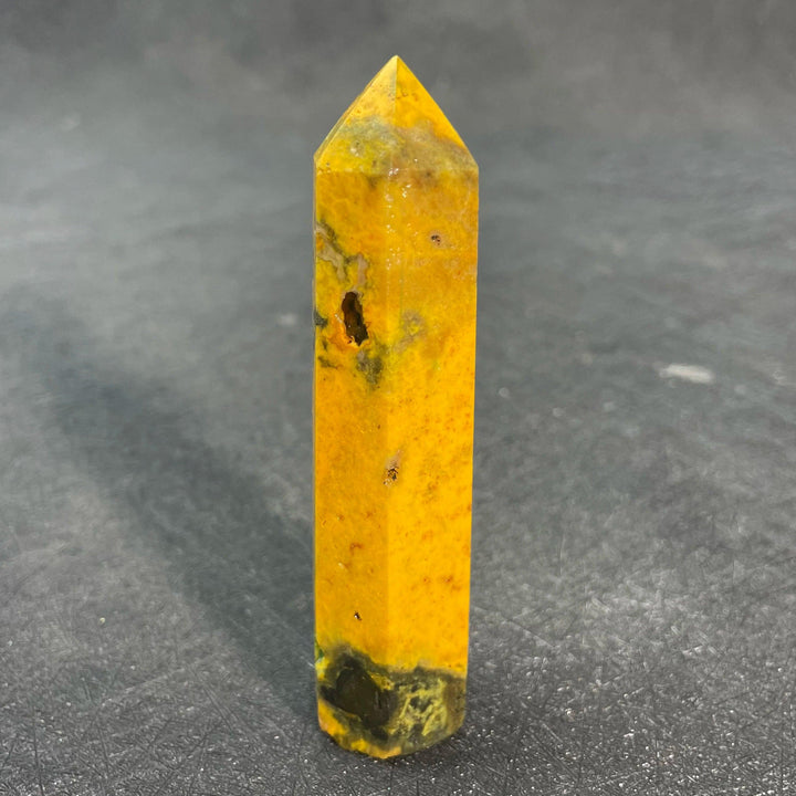 Vibrant yellow Bumblebee Jasper Crystal Tall Tower with black banding for solar plexus energy and confidence.