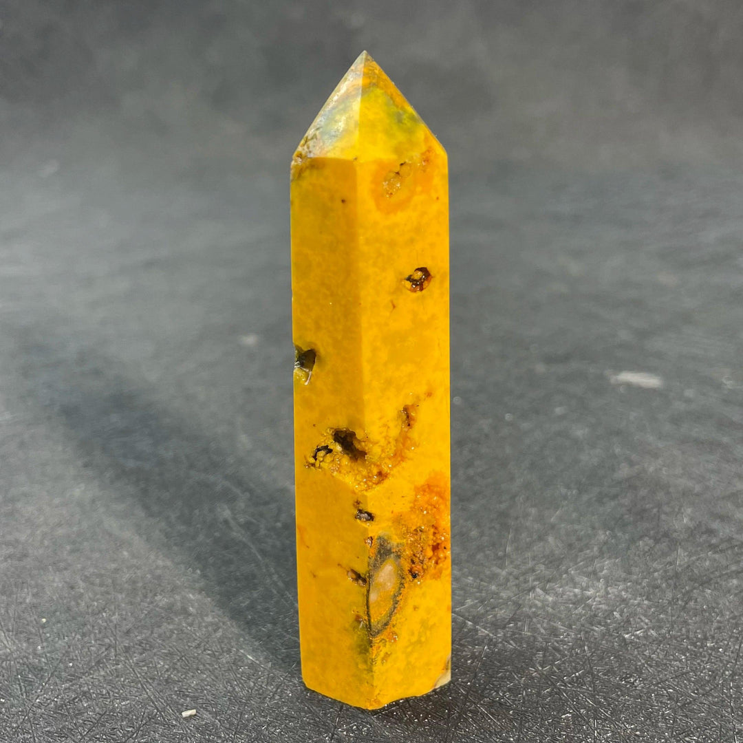 Vibrant yellow Bumblebee Jasper Crystal Tall Tower with natural black and orange bands for solar plexus energy.