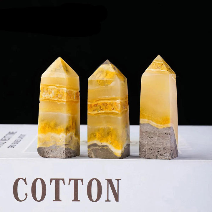 Vibrant yellow and grey Bumblebee Jasper Crystal Towers for solar plexus chakra healing.