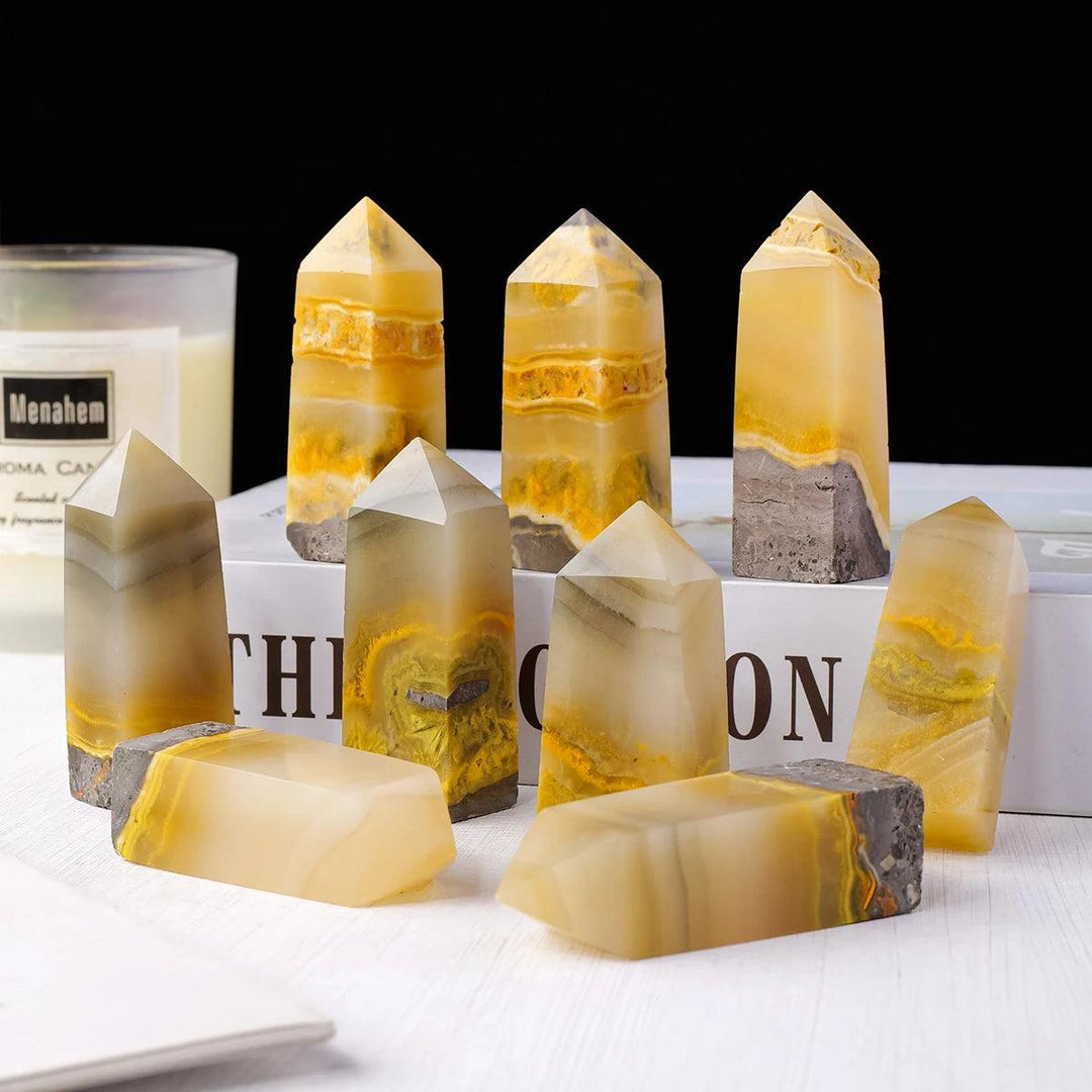 Vibrant yellow and grey Bumblebee Jasper Crystal Towers for solar plexus chakra energy and confidence.