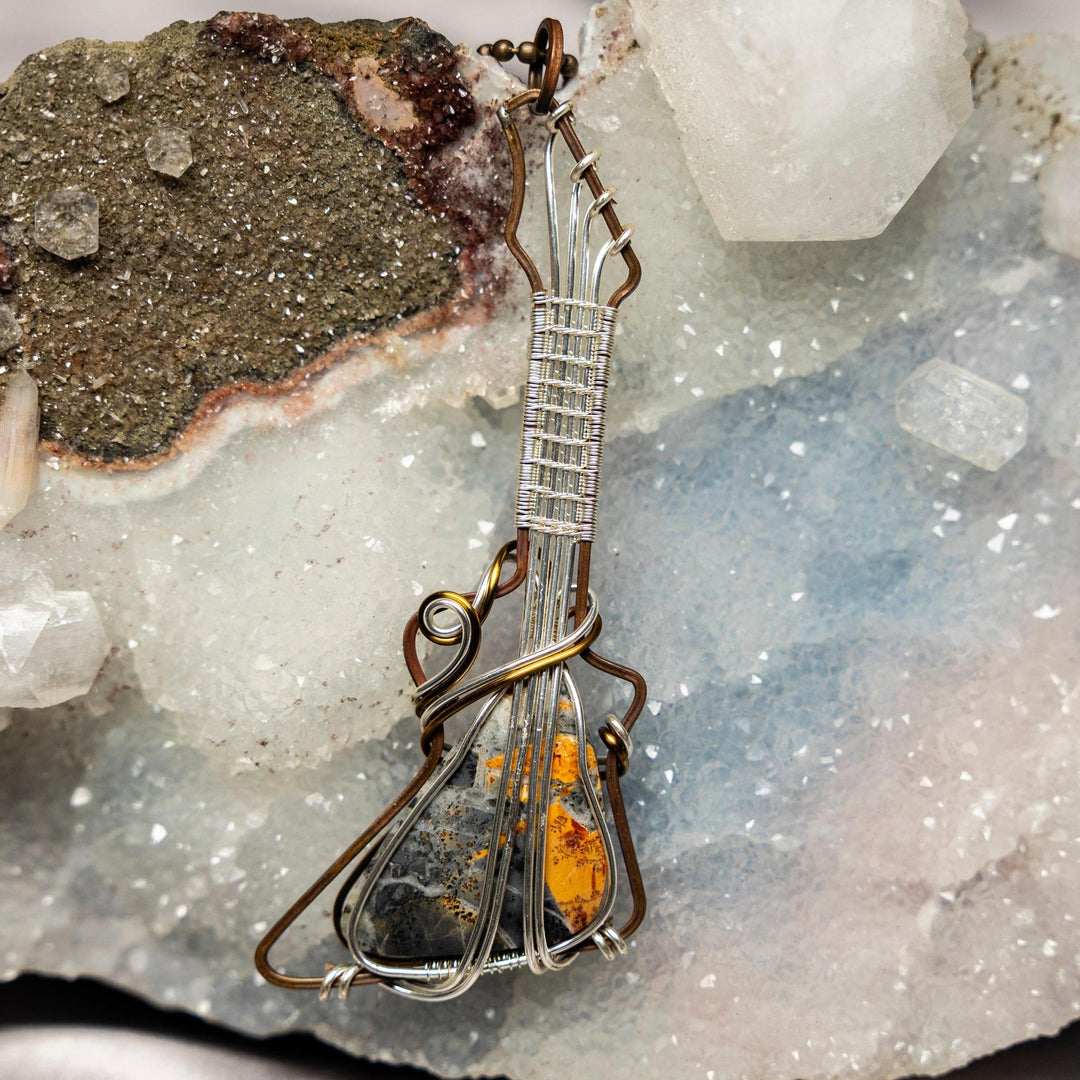 Vibrant Bumblebee Jasper guitar wire wrap pendant, 4", ignites passion and confidence with its natural yellow, orange, black, white bands.