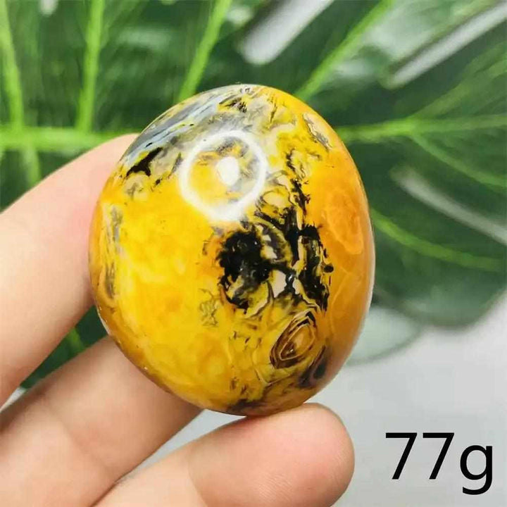 Smooth 77g Bumblebee Jasper palm stone featuring vibrant yellow, orange, and black stripes for optimism and motivation.