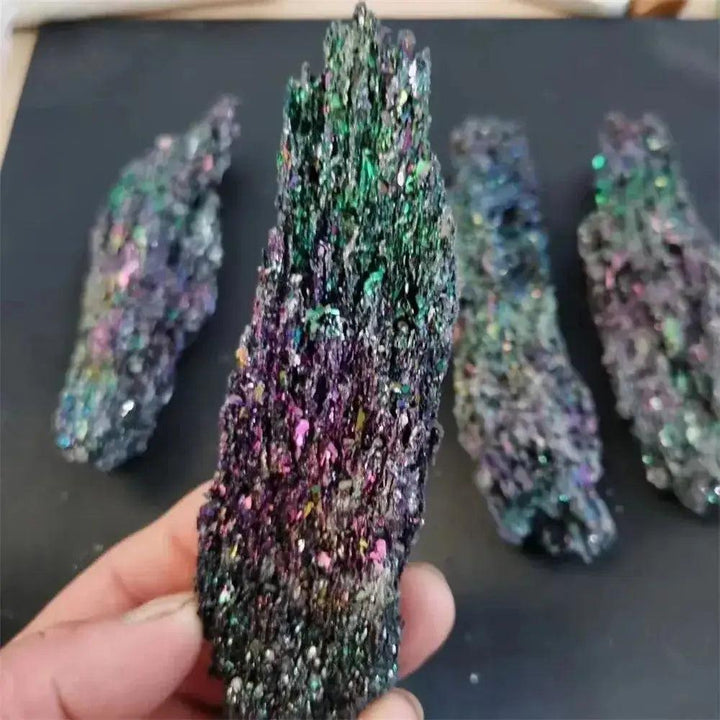 Carborundum Silicon Carbide Crystal Specimen Rainbow, an extraordinary iridescent collector's piece with deep blues, violet, gold, and green.