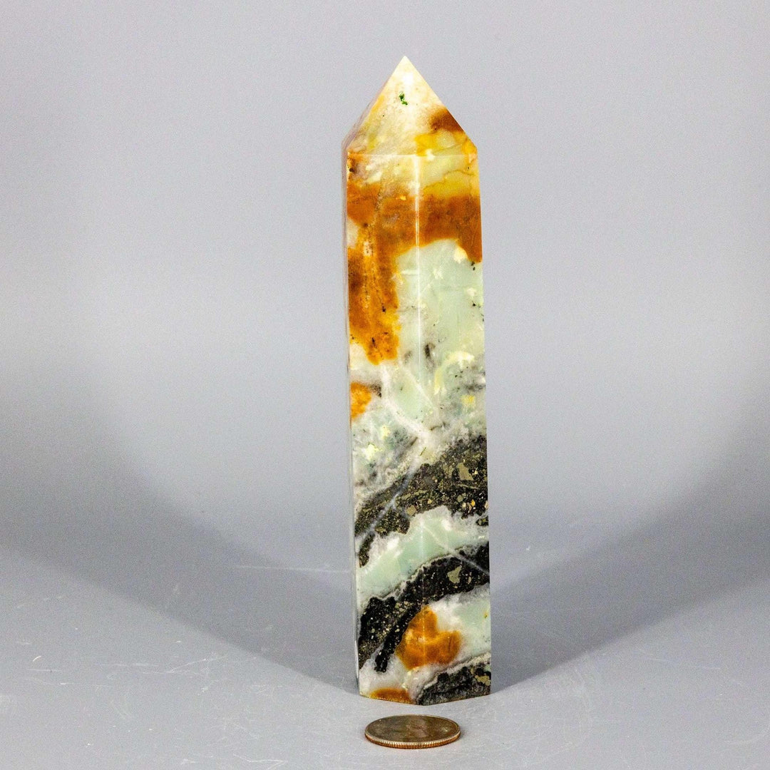 XXL Caribbean Calcite Tower with soft blue, white Aragonite, and warm brown matrix for calm communication and clarity.