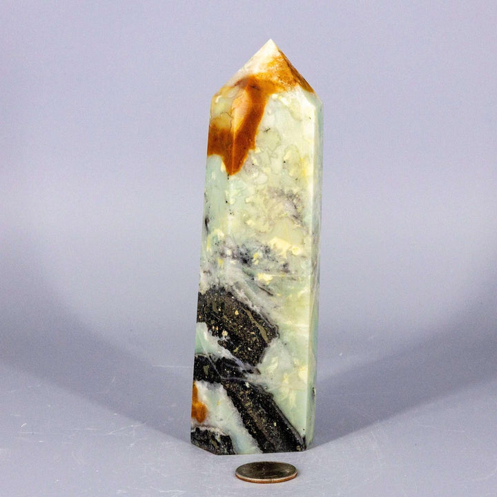 XXL Caribbean Calcite Tower: Polished crystal with soft ocean blue, creamy white, and warm brown matrix.