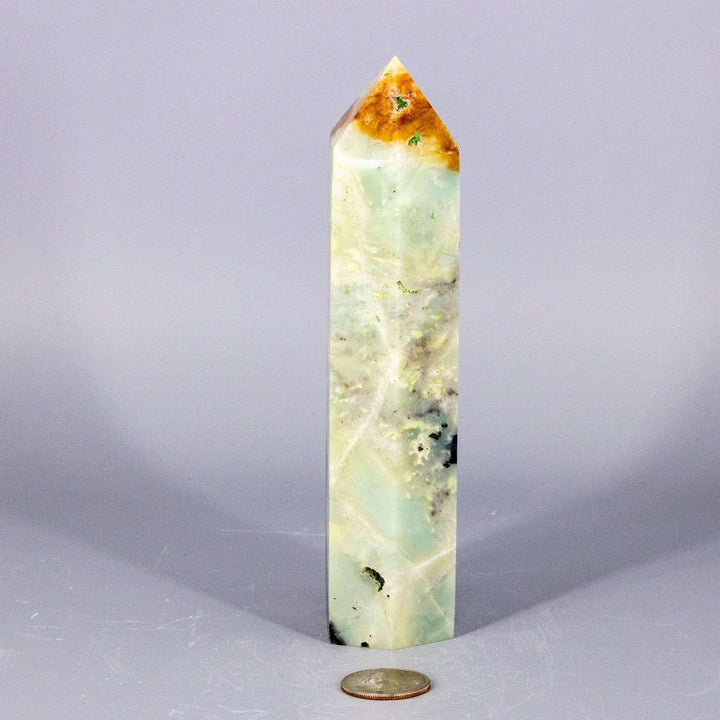 XXL Caribbean Calcite Tower with soft blue, white, and brown banding for calm, clear communication and emotional clarity.