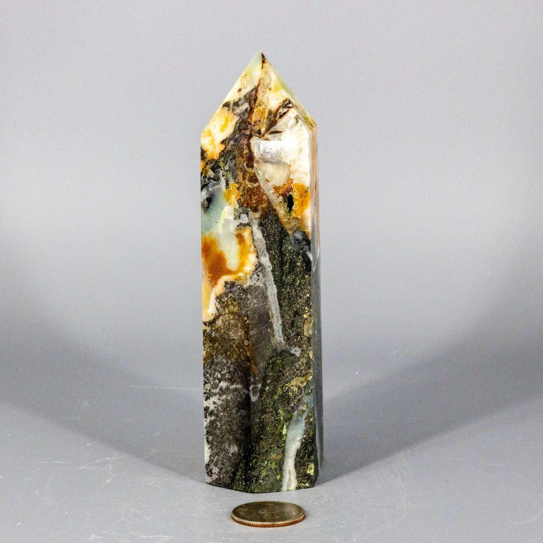 XXL Polished Caribbean Calcite Tower with ocean blue, creamy white, and warm brown matrix for calm communication.