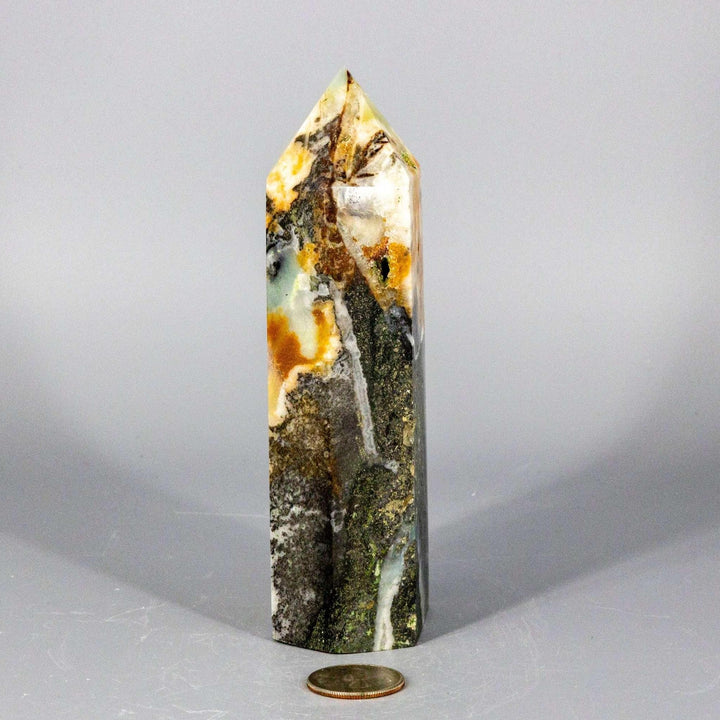 XXL Polished Caribbean Calcite Tower with ocean blue, creamy white, and warm brown matrix for calm communication.