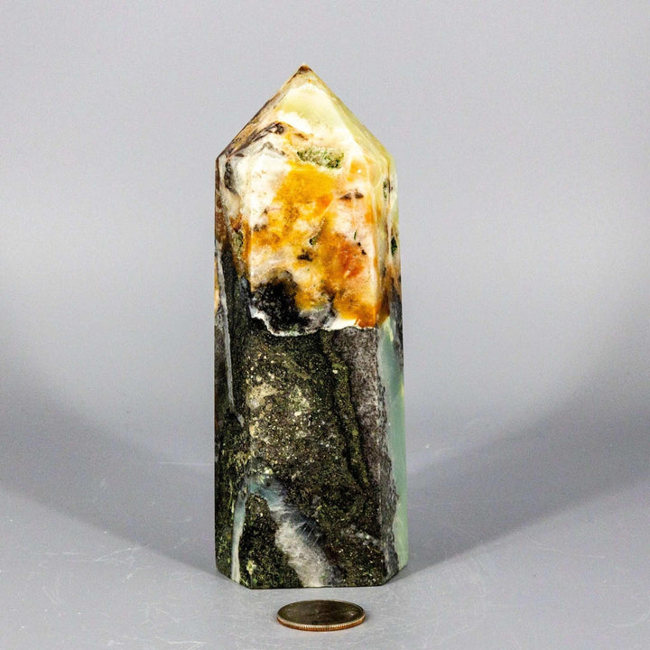 XXL polished Caribbean Calcite tower with striking blue, white, and brown banding, perfect for emotional clarity.