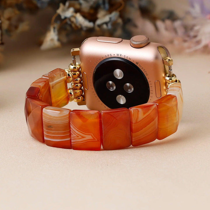Carnelian Agate Crystal Beaded Stretch Smartwatch Strap with warm, activating energy for vitality and confidence.