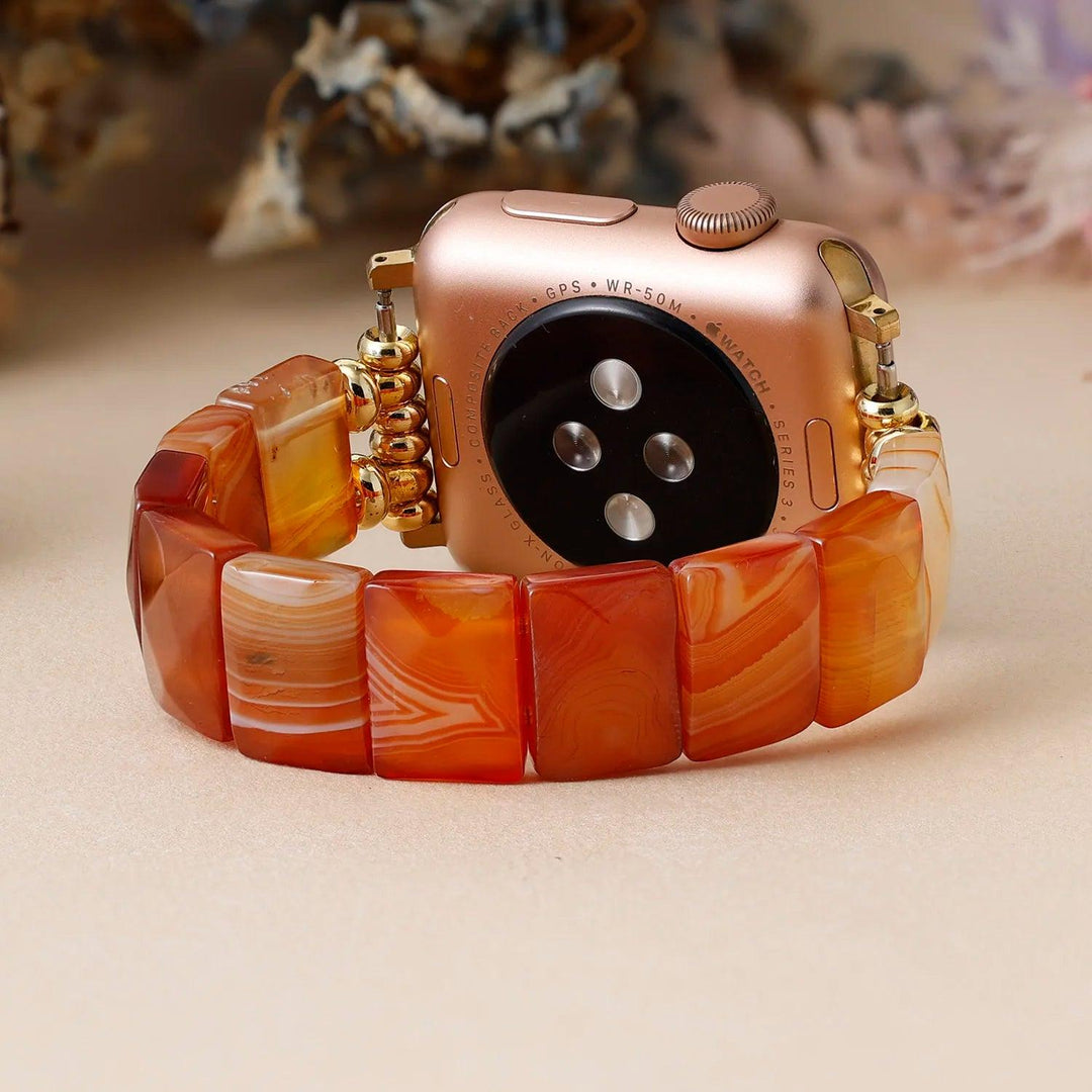 Carnelian Agate Crystal Beaded Stretch Smartwatch Strap with warm, activating energy for vitality and confidence.
