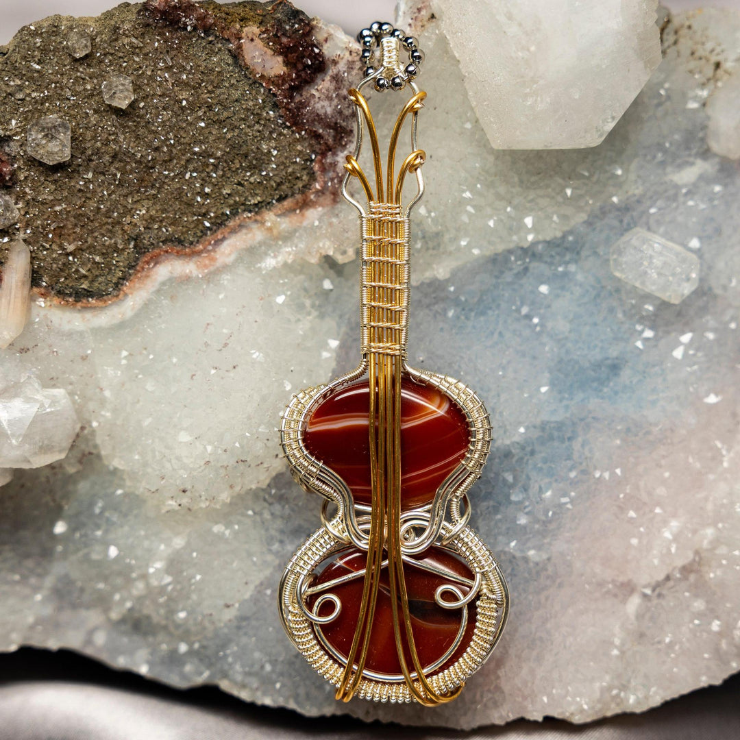 Vibrant Carnelian Agate Fiddle Wire Wrap Pendant, 4-inch, promoting vitality and creativity.