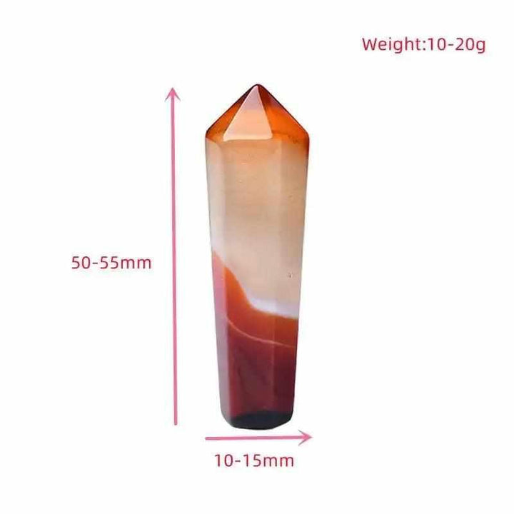 Polished 50-55mm Carnelian hexagonal crystal point in warm orange and red, perfect for Sacral Chakra energy and focus.