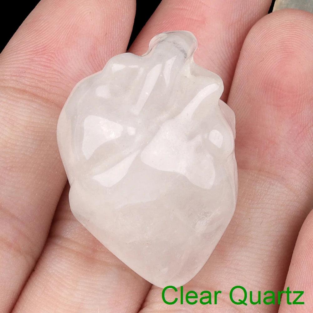 Clear Quartz human heart model statue, 1.1" carved crystal for love, reiki, and chakra decor.