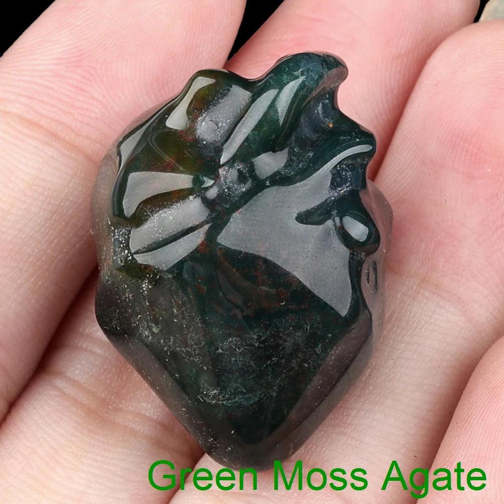 Polished dark green Moss Agate heart-shaped crystal, 1.1" love stone for reiki and chakra decor.