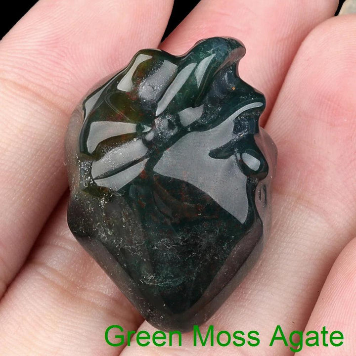 Polished dark green Moss Agate heart-shaped crystal, 1.1" love stone for reiki and chakra decor.