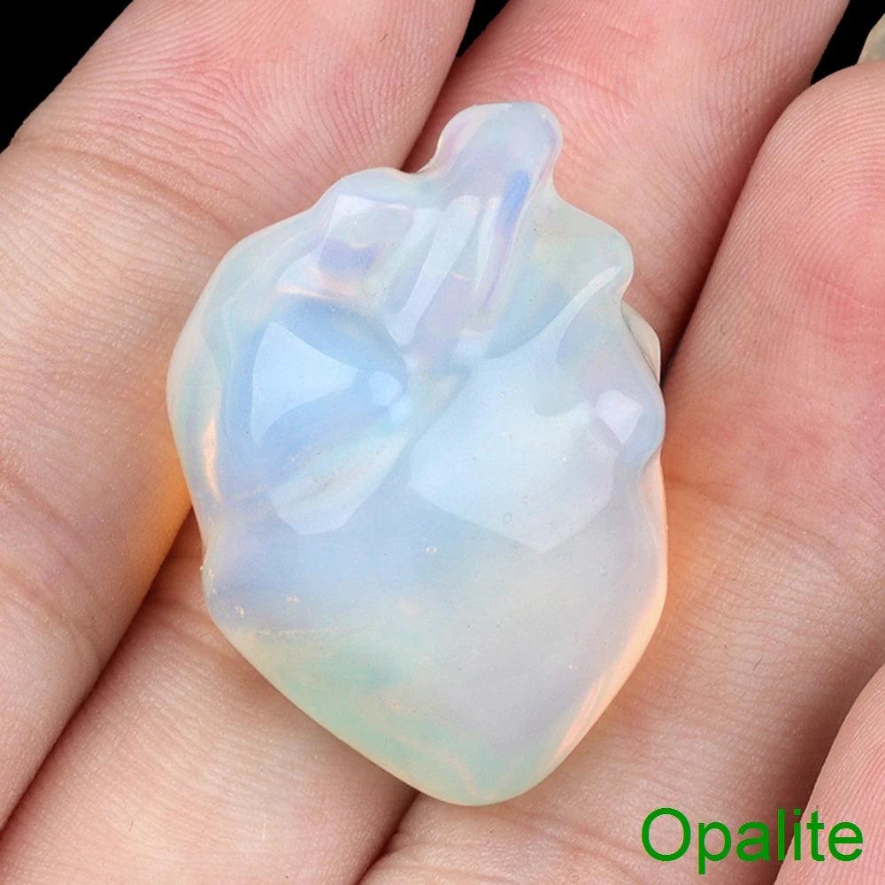 Translucent opalite crystal human heart model, 1.1" carved gemstone for reiki and decor.
