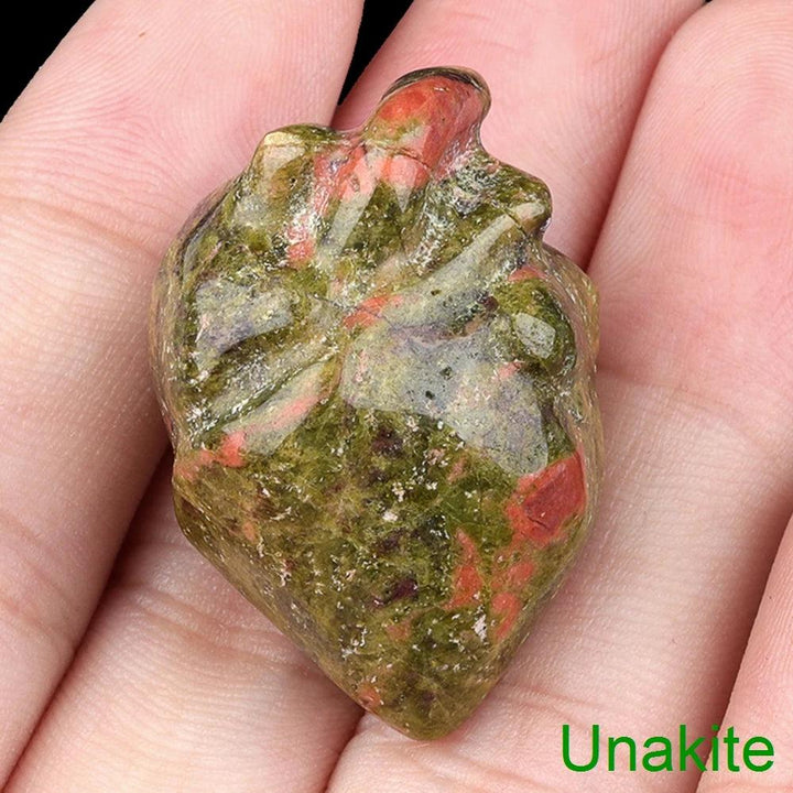 Unakite mini human heart model, a natural green and red crystal stone sculpture for reiki and decor.