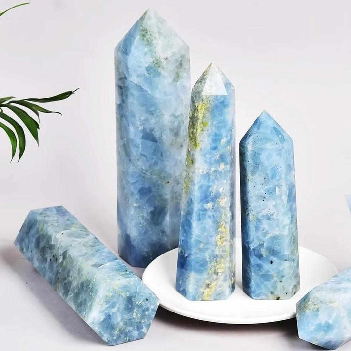 Pale blue Celestite crystal towers with single-terminated points for calming, high-vibration energy and meditation.