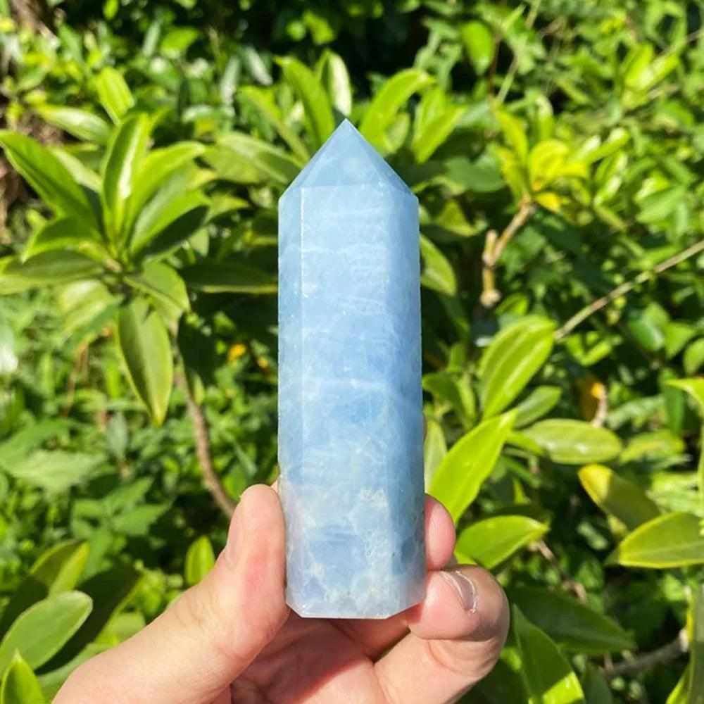 Pale blue Celestite crystal tower with a single-terminated point for calming, high-vibration energy and meditation.