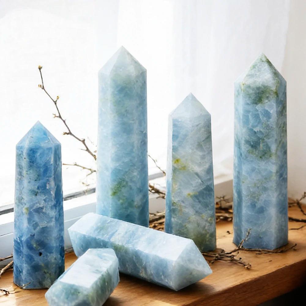 Pale blue Celestite crystal towers with hexagonal points, perfect for calming energy and meditation altars.