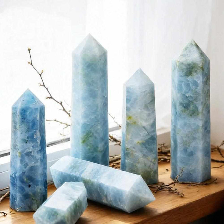 Pale blue Celestite crystal towers with hexagonal points, perfect for calming energy and meditation altars.