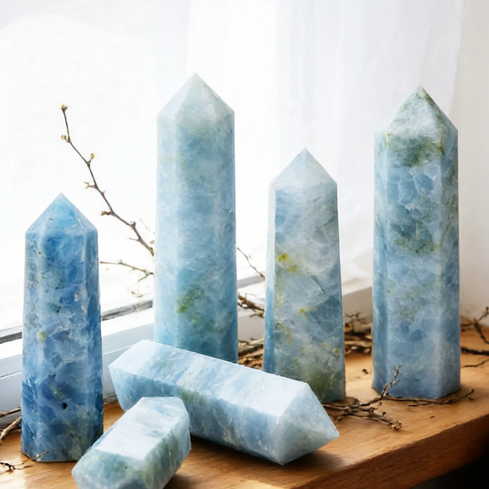 Pale blue Celestite crystal towers with hexagonal points, perfect for calming energy and meditation altars.