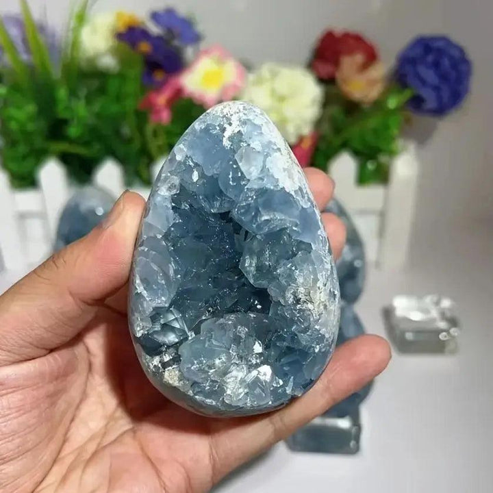 Large sky blue Celestite geode cluster for peaceful home decor, featuring raw druzy crystals for healing and sleep.