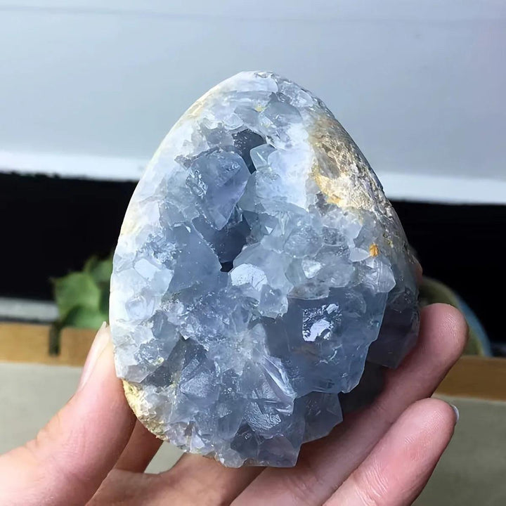 Large natural sky blue Celestite geode cluster with raw druzy crystals for peaceful home decor and sleep healing.