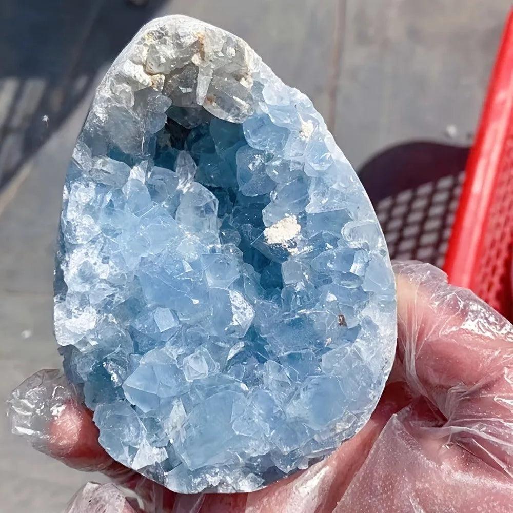 Large natural sky blue Celestite geode cluster with raw druzy crystals for peaceful home decor and healing energy.