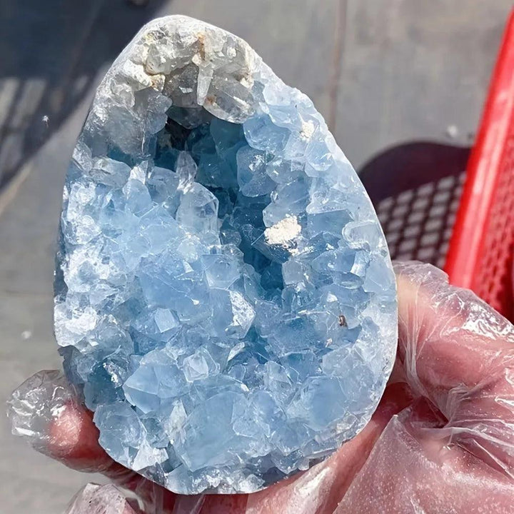 Large natural sky blue Celestite geode cluster with raw druzy crystals for peaceful home decor and healing energy.