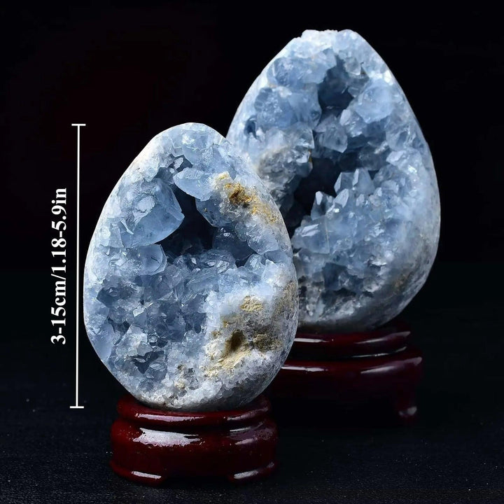 Large natural sky blue Celestite geode cluster on wooden stands for peaceful home decor and healing energy.