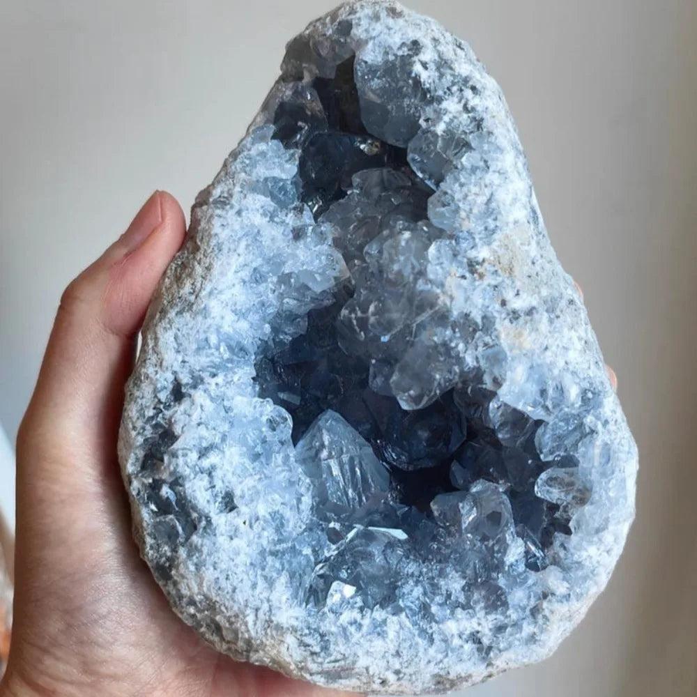 Large natural sky blue Celestite geode cluster with raw druzy crystals for peaceful home decor and sleep healing.