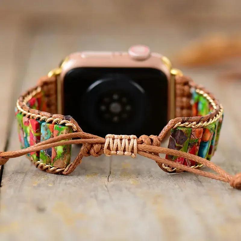 Crystal Destiny's Chakra Jasper Apple iWatch band with colorful square beads and brown braided cord.