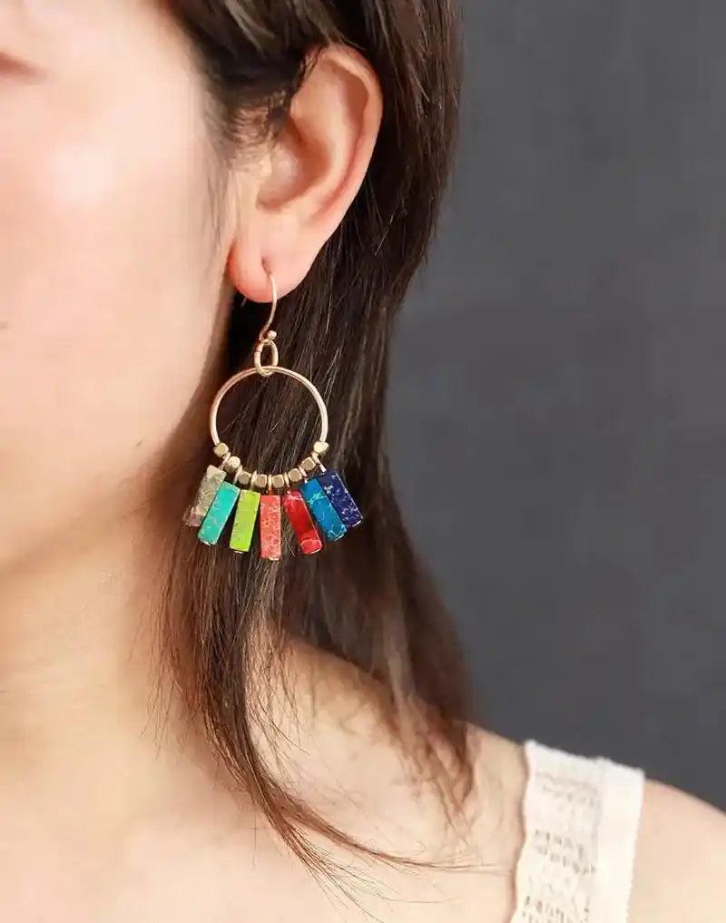 Gold-plated Chakra Drop Earrings with colorful crystal beads for balance and energy alignment.