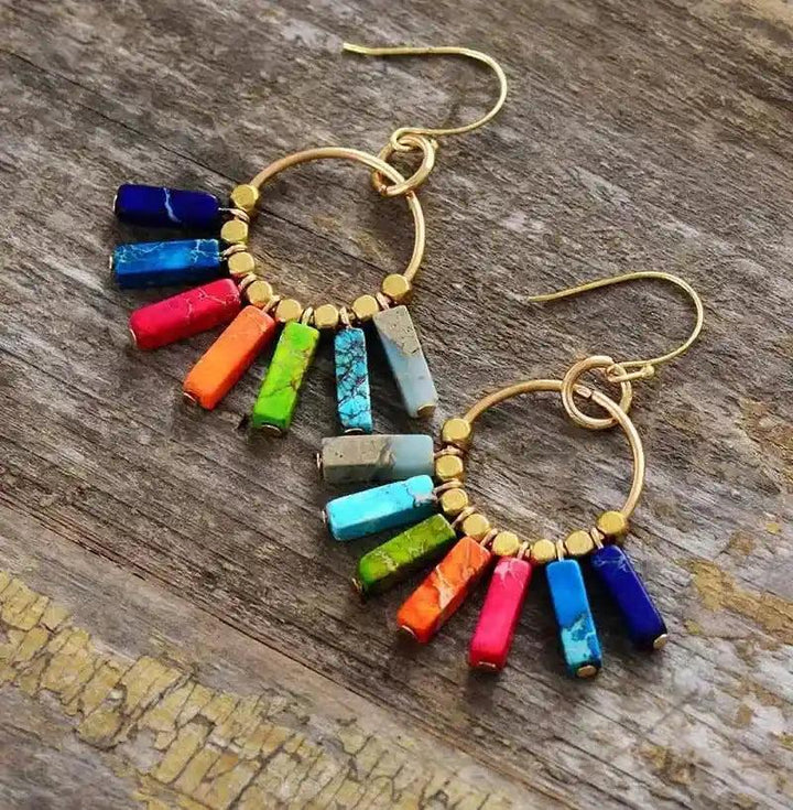 Gold-Plated Chakra Drop Earrings with seven colorful crystal beads for balance and energy alignment.