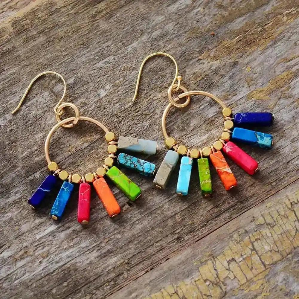Gold-Plated Chakra Drop Earrings with seven colorful crystal beads for energy alignment and spiritual wellness.