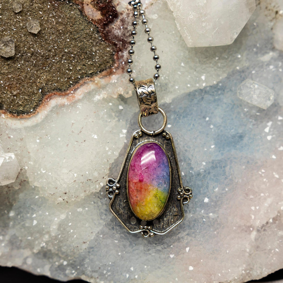 Chakra Dyed Quartz 925 Silver Pendant, 2.25-inch, featuring a vibrant, rainbow-colored quartz crystal for energetic awareness.