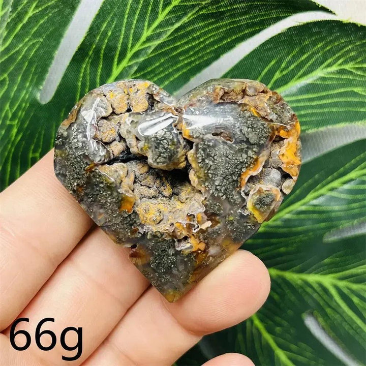 Chalcopyrite Agate geode heart by Crystal Destiny, showcasing iridescent druzy crystals and natural banding.