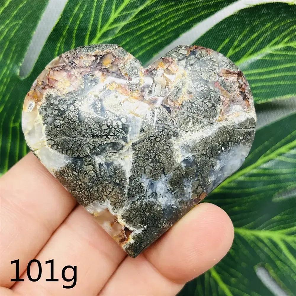 Chalcopyrite Agate geode heart from Crystal Destiny, showing metallic rainbow iridescence and natural banding.