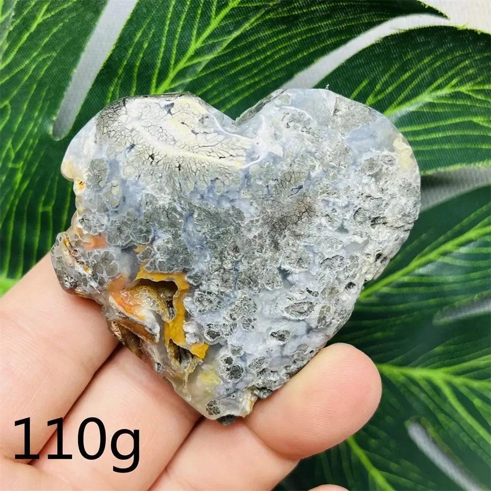 Chalcopyrite Agate geode heart by Crystal Destiny, showing iridescent druzy, natural banding, and peacock colors.