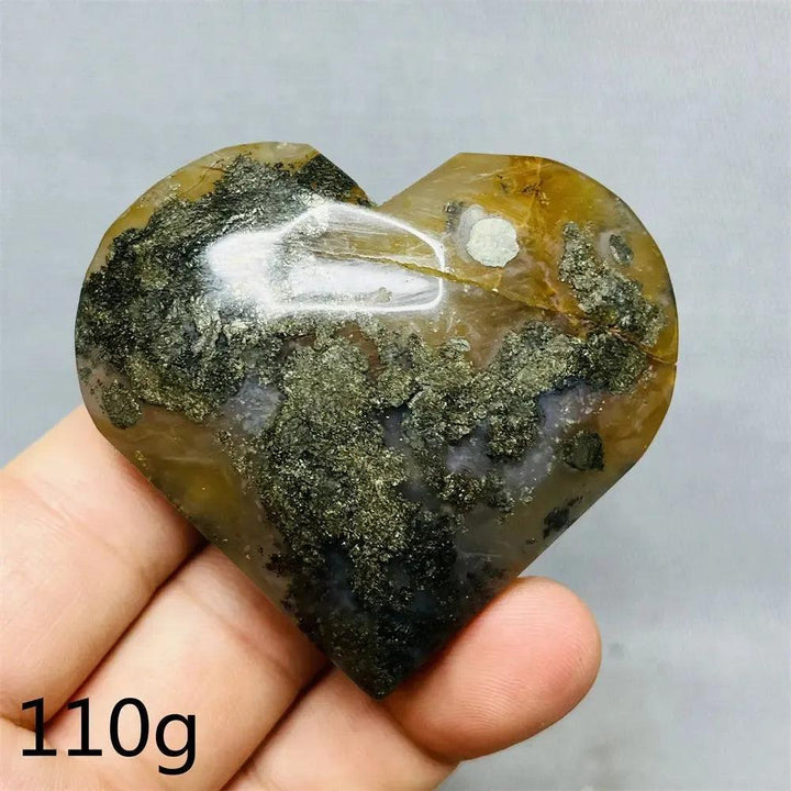 Chalcopyrite Agate geode heart by Crystal Destiny, showcasing metallic rainbow iridescence and natural banding.