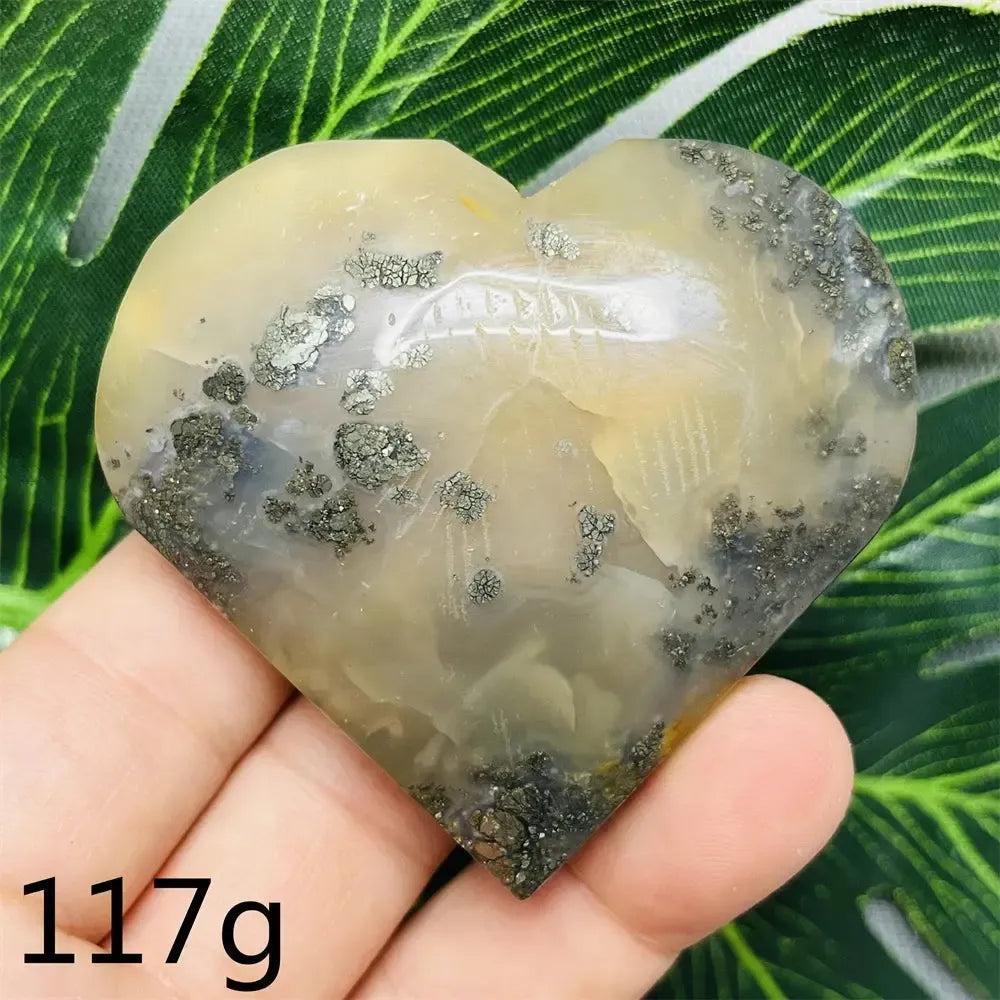 Chalcopyrite Agate geode heart from Crystal Destiny, showing metallic iridescence, natural banding, and druzy crystals.