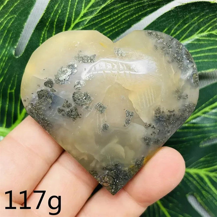 Chalcopyrite Agate geode heart from Crystal Destiny, showing metallic iridescence, natural banding, and druzy crystals.