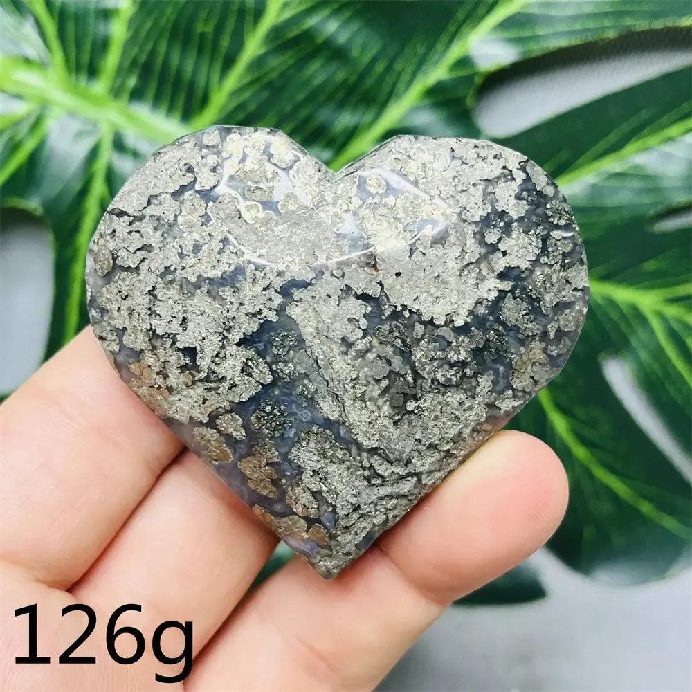 Chalcopyrite Agate geode heart from Crystal Destiny, showing metallic iridescence, druzy crystals, and agate banding.