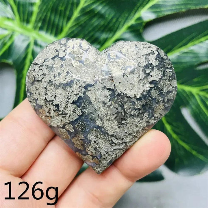 Chalcopyrite Agate geode heart from Crystal Destiny, showing metallic iridescence, druzy crystals, and agate banding.
