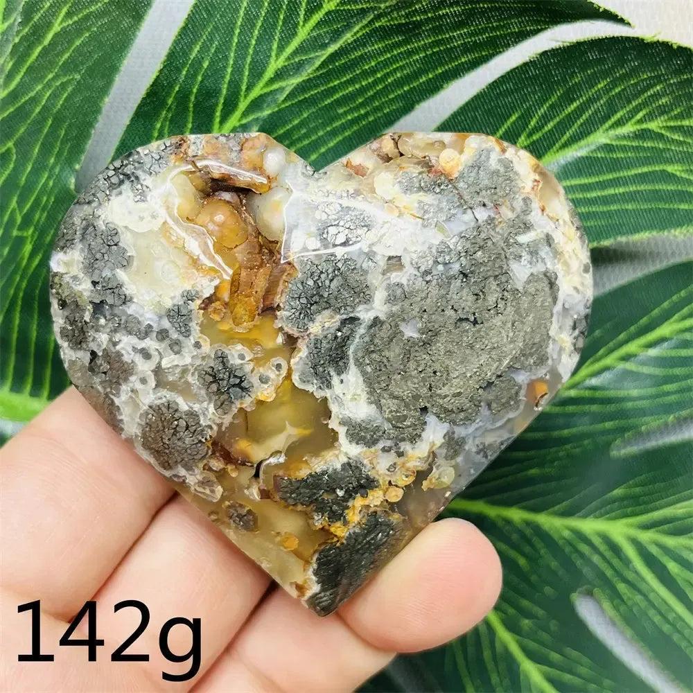 Chalcopyrite Agate geode heart from Crystal Destiny, showing metallic rainbow iridescence and natural agate banding.